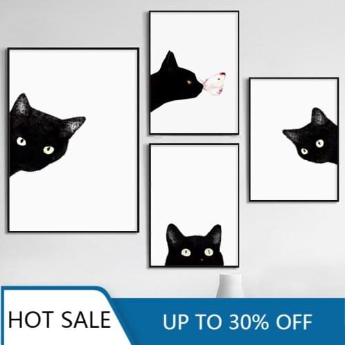 Modern Black White Peekaboos Cat Wall Art Canvas Painting Posters Prints Minimalist Animal Picture For Aesthetic Home Decoration
