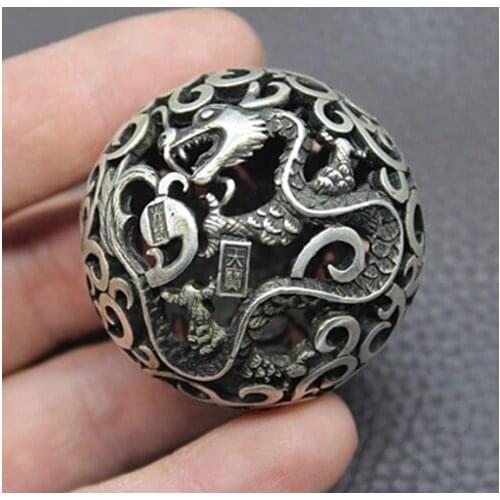 Old Chinese Tibetan silver Dragons and phoenixes Handball Round ball