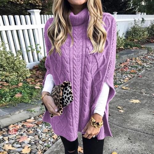 Women Autumn Solid Color Turtle Neck Twist Braid Knitted Shawl Sweater Pullover