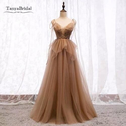 Light Brown Prom Dresses Lace Appliques Illusion Strap Soft Tulle Formal Women Evening Gown JQ781