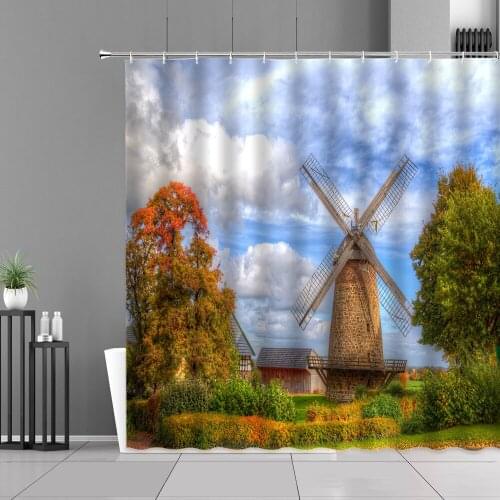 European Style Rural Scenery Oil Painting Shower Curtain Flowers Plants House Tree Forest Landscape Bath Curtains Home Decor