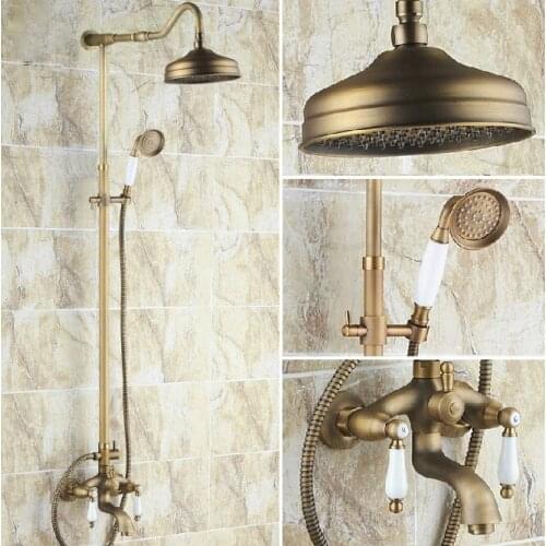 Vintage Antique Brass Dual Ceramic Handles Bathroom 8 Inch Round Rain Shower Faucet Set Bath Tub Mixer Taps Hand Shower mrs244