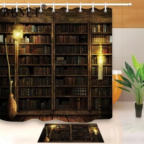 Retro Shower Curtain Waterproof Fabric Magic Bookshelf 3D Print Bathroom Curtains Waterproof Mildew Proof with 12 Hooks