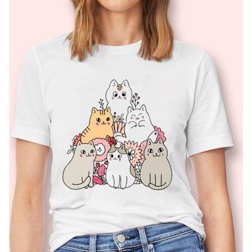 Women Cat Love Flower Cute Kawaii Fashion Graphic Female Short Sleeve Tops Cartoon Tees Tshirt Print T-Shirt Lady Clothes