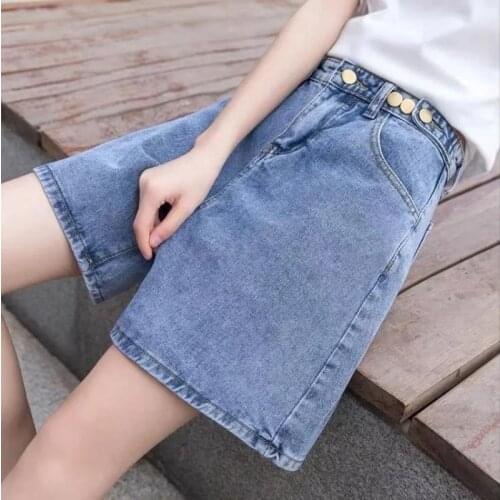 2021 Big Size Fat Mm Jean Shorts Female Summer High Waist Web Celebrity A Word Thin Loose Students Joker Wide Legs 5 Point Pants