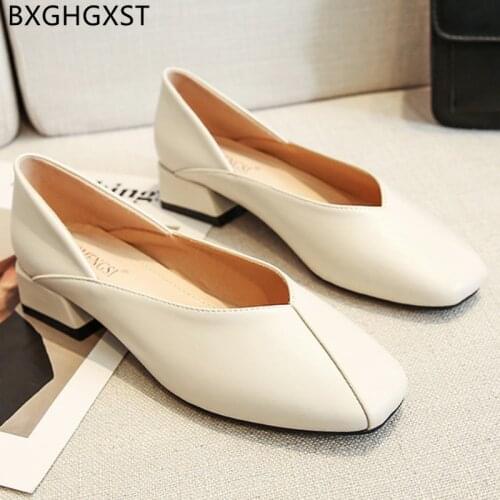 Block Heels Black Shoes for Women 2021 Low Heels Office Shoes Women Square Toe Heels Leather Shoes Woman Chaussure Femme Scarpe