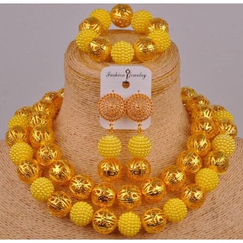 Yellow imitation pearl womens jewelry costume jewelry set Nigeria jewelry bridal wedding jewelry set African jewelry XX-84