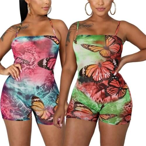 Womens Butterfly Printed Sling Bodysuit Stylish Sexy Backless Lace Up Jumpsuit Nightclub Clothes