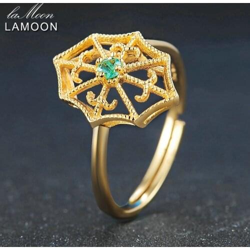 LAMOON Ring For Women Green Crystal Spider Web Round Cut Emerald 925 Sterling Silver Adjustable Ring Fine Jewelry LMRI050