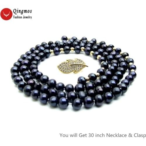 Qingmos Natural Pearl Necklace for Women with AA 6-7mm Round Black Pearl Long Necklace Jewelry & Gold Leaf Zircon Clasp ne6515