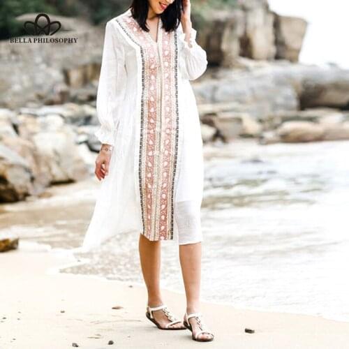 Bella philosophy Women Ethnic Spliced Tassel Midi Dress Embroidery Flower V Neck Boho Dress Butterfly Sleeve Holiday Beach Dress