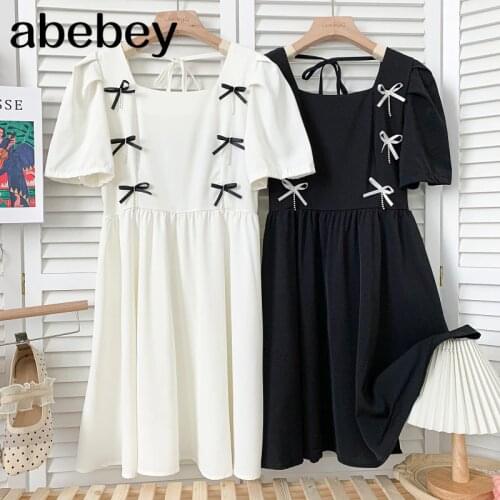 Temperament square collar puff sleeve Dress bow decoration off back bandage high waist pleated A-line Dress 2021 New Summer