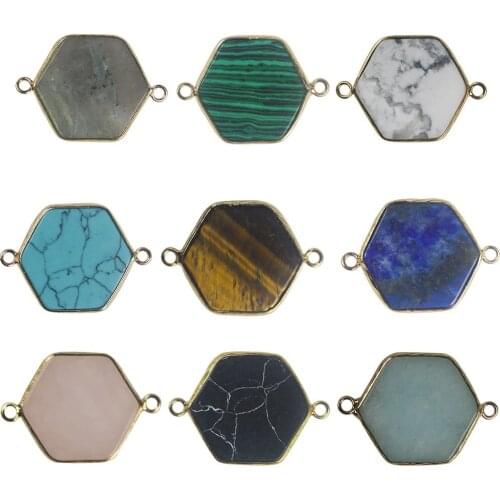 1Pc New Connector Natural Stone Pendant Double Ear Gilt Edge Polygonal Necklace Double Hole Bracelet DIY Accessories Material