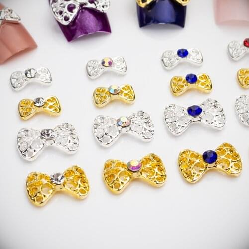 120Pcs Metal Bow Shape Nail Jewelry Pendant Hollow Bowtie Nail Art Charms Alloy Crystal Rhinestones Strass For Manicure Tips