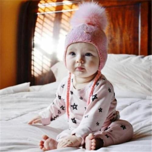 Baby Hats Boys and Girls Wool Ball Knitted Hat Fashion Pearl Lace Ear Cap Cute Warm Parent-child Hat Autumn and Winter Unisex