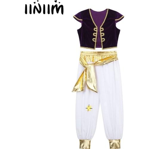 Kids Boys Children Arabian Prince Lamp Cosplay Costumes Cap Sleeves Vest Waistcoat with Pants Set for Halloween Parties Dress Up