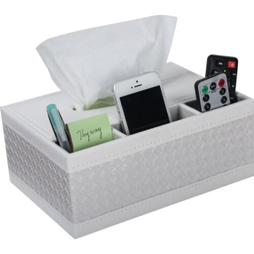 Multifunction PU Leather Pen Pencil Remote Control Tissue Box Cover Holder Desk Storage Box Container for Home and Office Use (W
