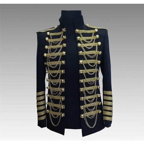 Male Singer Suit Gold Edged Choir Costume Court Military Princes blazer Stand Collar Nightclub Prom Outfit