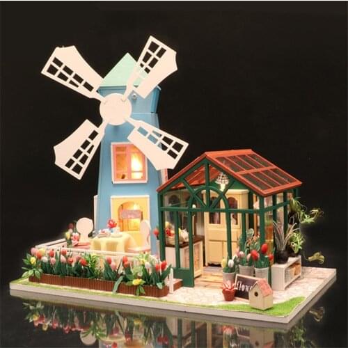 DIY Wooden Dollhouse Kit Amsterdam Windmill Flower Casa Miniature with Furniture Doll House Assembled Toys for Adults Gifts