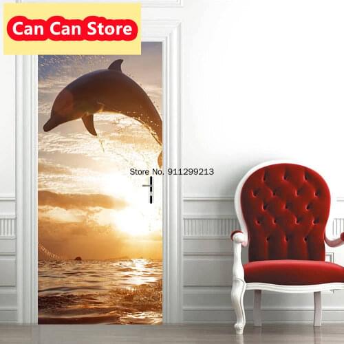 Animal Dusk Natural Scenery Waterproof Adhesive Wallpaper Stickers Whale Jump Door Sticker Mural Bathroom Glass Doors Home Decor