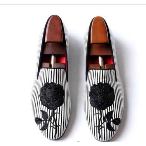 New arrival handmade loafer floral embroidery black-white striped men shoes slip on shoes for men fashion waking shoes