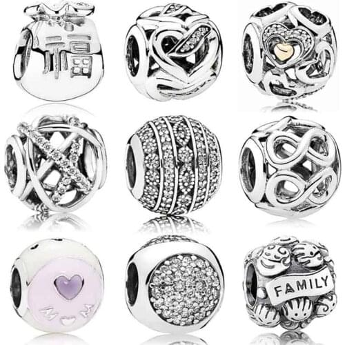 Original Sparkling Heart-shaped Ribbons Heart Of Romance Bead Charms Fit Pandora Bracelet 925 Sterling Silver Bead Jewelry