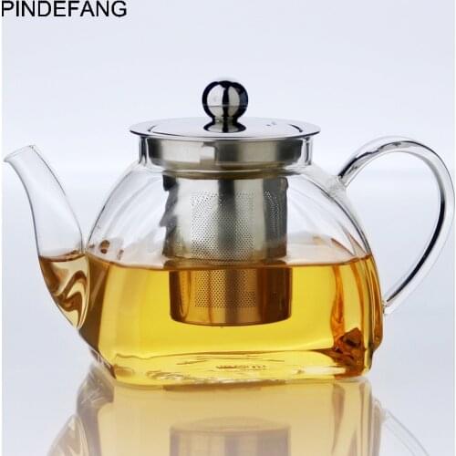 PINDEFANG Square Borosilicate Glass Teapot with Stainless Steel Strainer Infuser Glass Tea Pots Stovetop Kettle 18 fl.oz/ 400ml