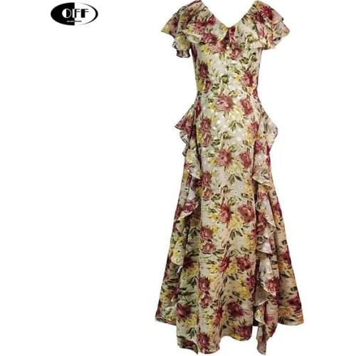 French maxi dress chiffon floral print summer sexy ladies temperament ruffles party night beach long dresses for women vestido