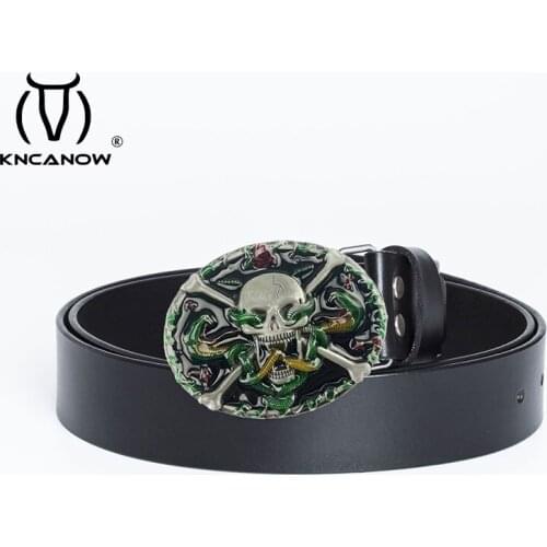 New Product Brand Luxury Design Genuine Leather Cowhide Belt Jeans Belts For Men Colorful Glaze Skull Snake Buckle Cowboy Belts