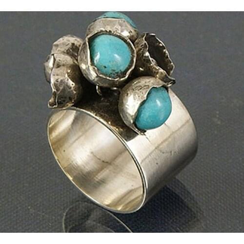 Retro Flower Metal Turquoises Beads Stone Ring Vintage Jewelry Thai Silver Color Knuckle Finger Rings for Women Party