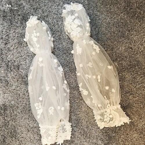 RSG24 Real Custom Made Puffy Tulle Off Shoulder Style Detachable Sleeves For Bride With Pompom, Long Gloves