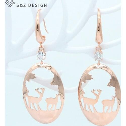 S&Z Unique Metal Big Long Hollow Korean Fashion 585 Rose Gold Deer Dangle Earrings For Women Girl Temperament Wedding Party Gift