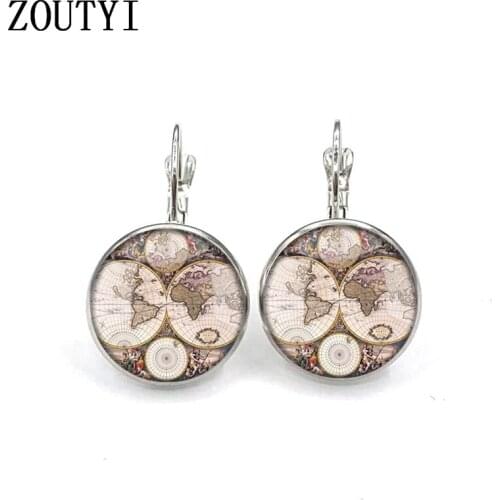 New/handmade world map pattern earrings with convex glass inlay earrings