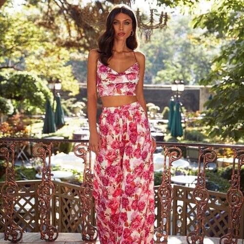 SEASONS Floral Print Women 2 Piece Set Strap Camis Lace Up Cross Bandage High Waist Wide Leg Pants Elegant Party Club ASSU82346