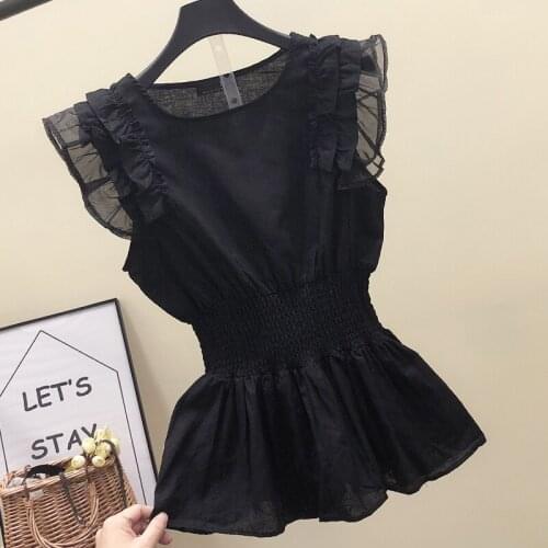 Chiffon Ruffles Women Blouse 2021 Summer New Ruffles Slim Black Sleeveless Office Lady Elegant Pulls Tops Top Quality
