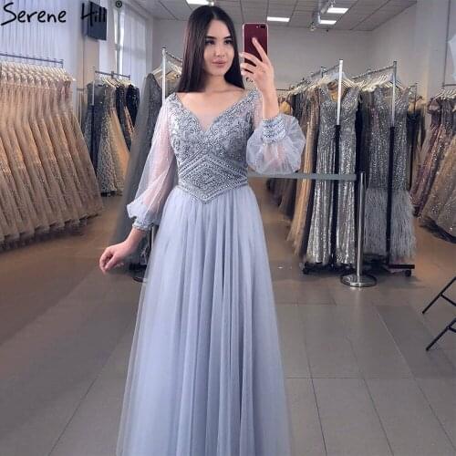 Serene Hill Grey A-Line Beading Evening Dresses 2021 Long Lantern Sleeves Luxury Party Gowns For Women DLA70964