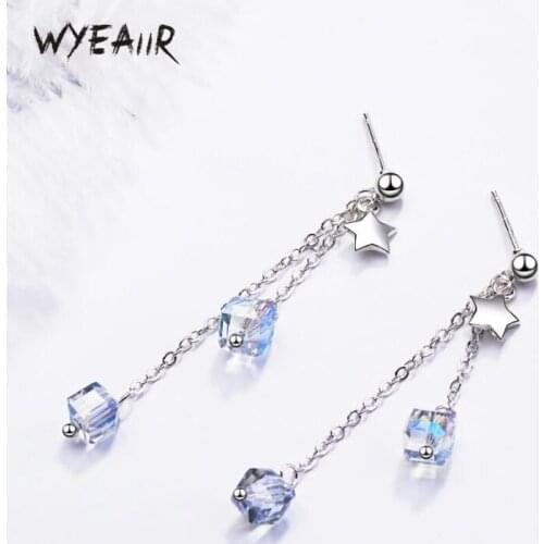 WYEAIIR Fashion Stars Cute Aurora Square Literary Crystal Sweet Simple Long 925 Sterling Silver Female Dangle Earrings