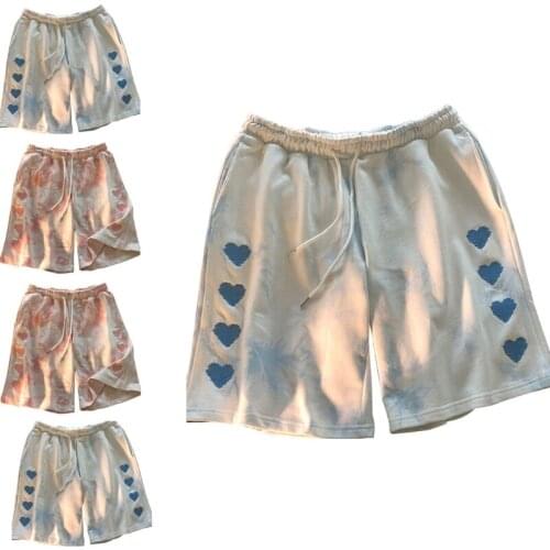 K3NF Women Drawstring Waist Sweat Shorts Harajuku Gradient Heart Embroidery Shorts