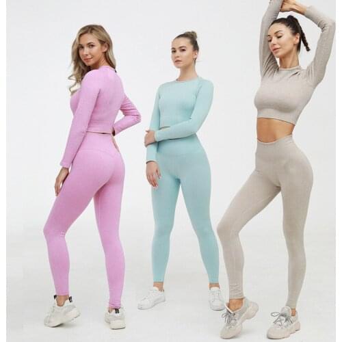 Workout Suit for Women Fitness Sport Yoga Sets Knitted Seamless Long Sleeve Yoga Shirt Leggings Breathable Running Sportswear
