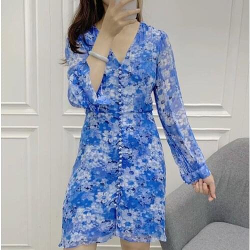 2021 Spring Summer Women Short Dress V-neck Single Breasted Floral Printed Long Lantern Sleeve New Ladies Mini Robes