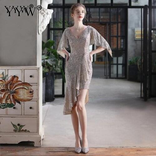 Gilter Sequins Formal Party Dress WomenS Luxury Half Sleeve Irregular Short Evening Dresses Robe De Soiree V Neck Vestiods 2021