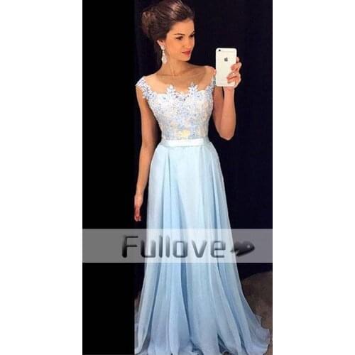 Elegant Sky Blue Appliques Prom Dress Long 2019 Sheer Cap Sleeve A-Line Formal Prom Dresses Gowns Vestidos De Fiesta Kaftan