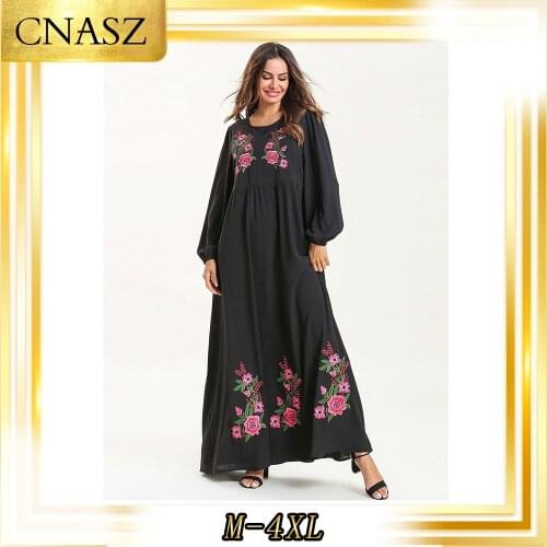 Abaya Turkish Comfortable Fshion Large Size Autumn Womens Black Embroidered Long-Sleeved Round Neck Muslim cCsual Large Dress