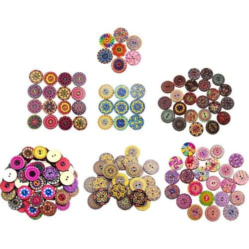 100pcs 3/4 inch Mixed Retro Flower Painting Round 2 Holes Wood Wooden Buttons for Sewing Crafting 20mm
