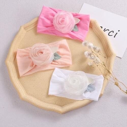 24pc/lot Infant Baby Rolled Rosette Flower Nylon Headbands Lace Flower on Wide Nylon Headbands for Children Girls Props Headwear