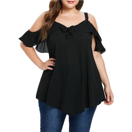 5XL Plus Size Tunic Blouses Women Cold Shoulder Bowknot Chiffon Shirts Summer Asymmetric Ruffles Tops blusas mujer de moda