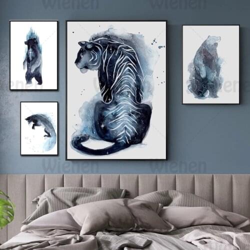 Watercolor Painting Blue Canvas Print Animal Tiger Bear Posters and Prints Home Decoration for Living Room Bedside Wall Art