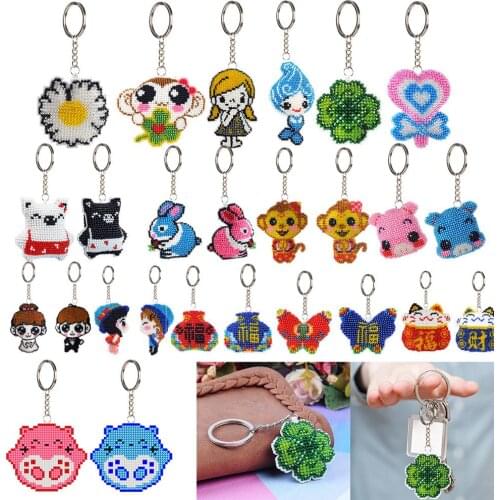 DIY Full Beads Cartoon Cross Stitch Embroidery Keychains Handmade Women Bag Pendant Jewelry Key Ring