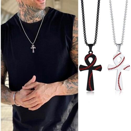 BASEBALL STITCH NECKLACE SILVER COLOR EGYPT ANKA CROSS PENDANT FOR MEN JEWELRY