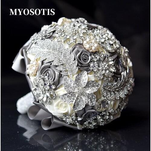 European Style Noble Gray Satin Wedding Flowers Bridal Bouquets With Full Crystal Ramo Boda Bridesmaid Flower Bouquet New